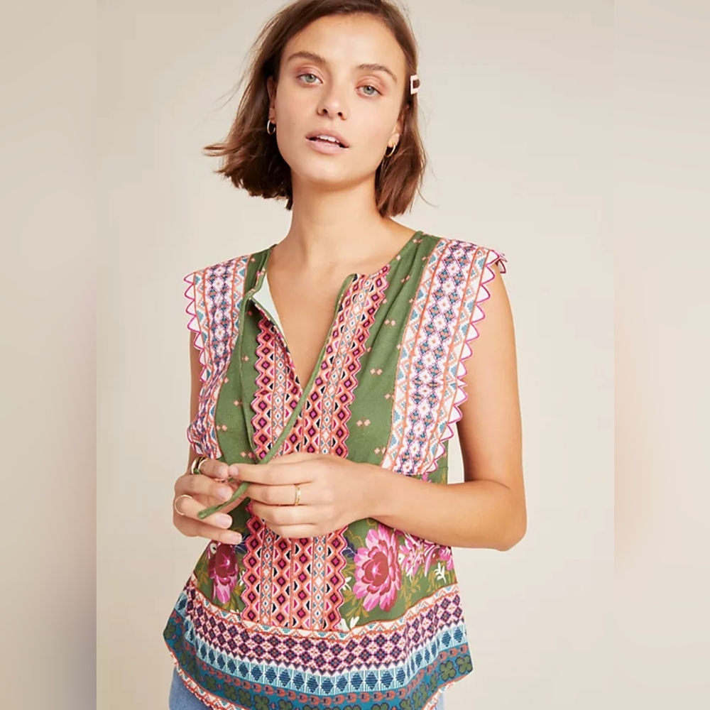 Anthropologie Sigrid Embroidered Floral Boho Tank